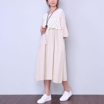 Women Loose Round Neck Half Sleeve Beige Dress