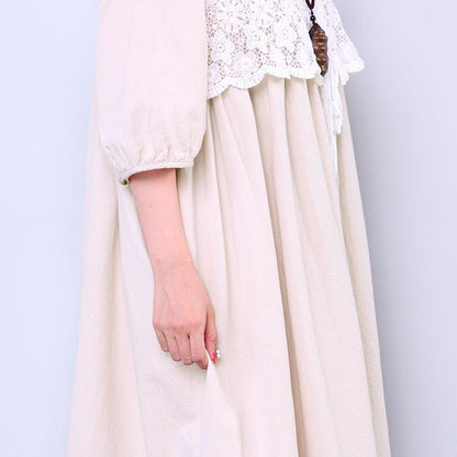 Women Loose Round Neck Half Sleeve Beige Dress