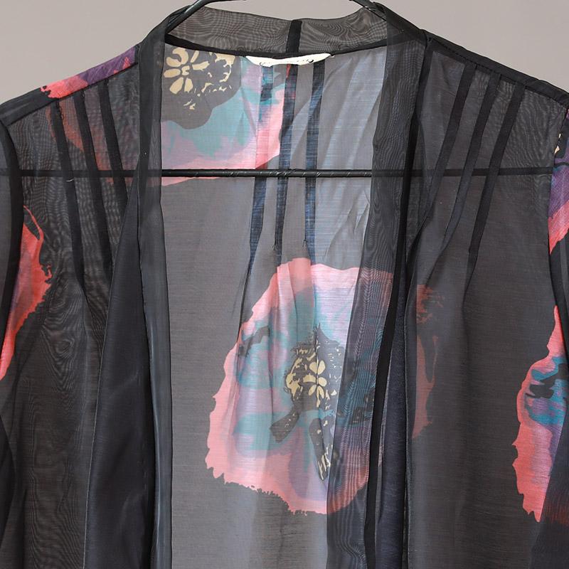 Women Short Sleeve Printing Black Thin Cardigan Coat