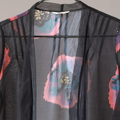 Women Short Sleeve Printing Black Thin Cardigan Coat