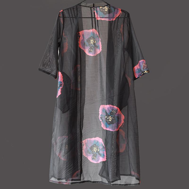 Women Short Sleeve Printing Black Thin Cardigan Coat
