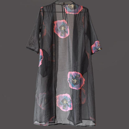 Women Short Sleeve Printing Black Thin Cardigan Coat