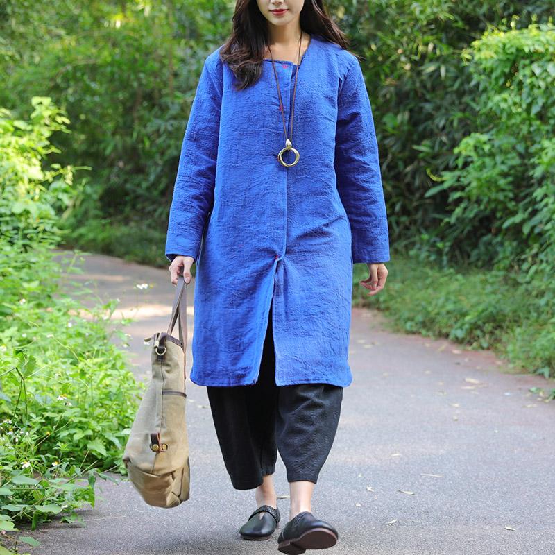 Keep Warm Round Neck Chic Buckle Design Long Sleeves Blue Coat For Women