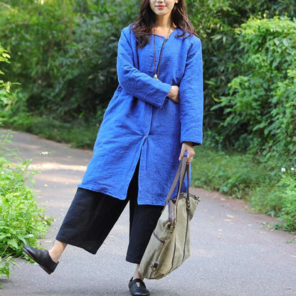 Keep Warm Round Neck Chic Buckle Design Long Sleeves Blue Coat For Women