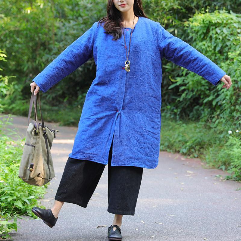 Keep Warm Round Neck Chic Buckle Design Long Sleeves Blue Coat For Women