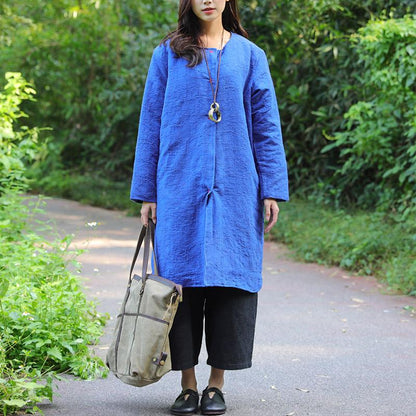 Keep Warm Round Neck Chic Buckle Design Long Sleeves Blue Coat For Women