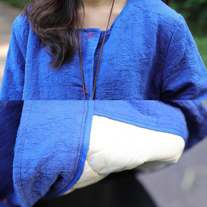 Keep Warm Round Neck Chic Buckle Design Long Sleeves Blue Coat For Women