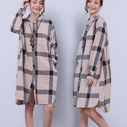 Women Chic Single Breasted Splitting Lattice Shirt Dress