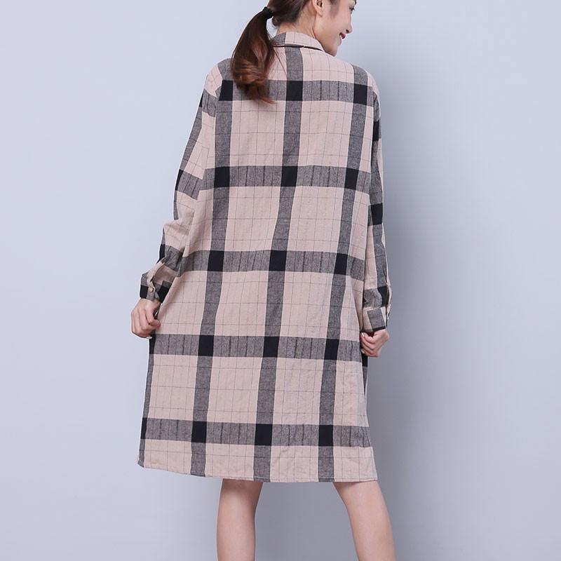 Women Chic Single Breasted Splitting Lattice Shirt Dress