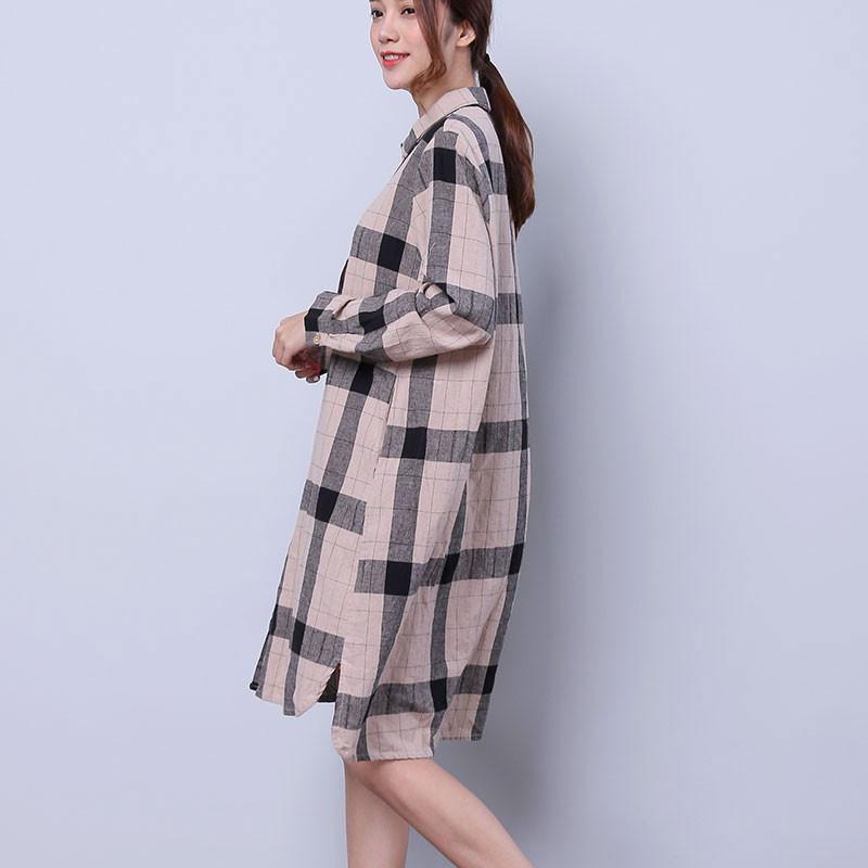 Women Chic Single Breasted Splitting Lattice Shirt Dress