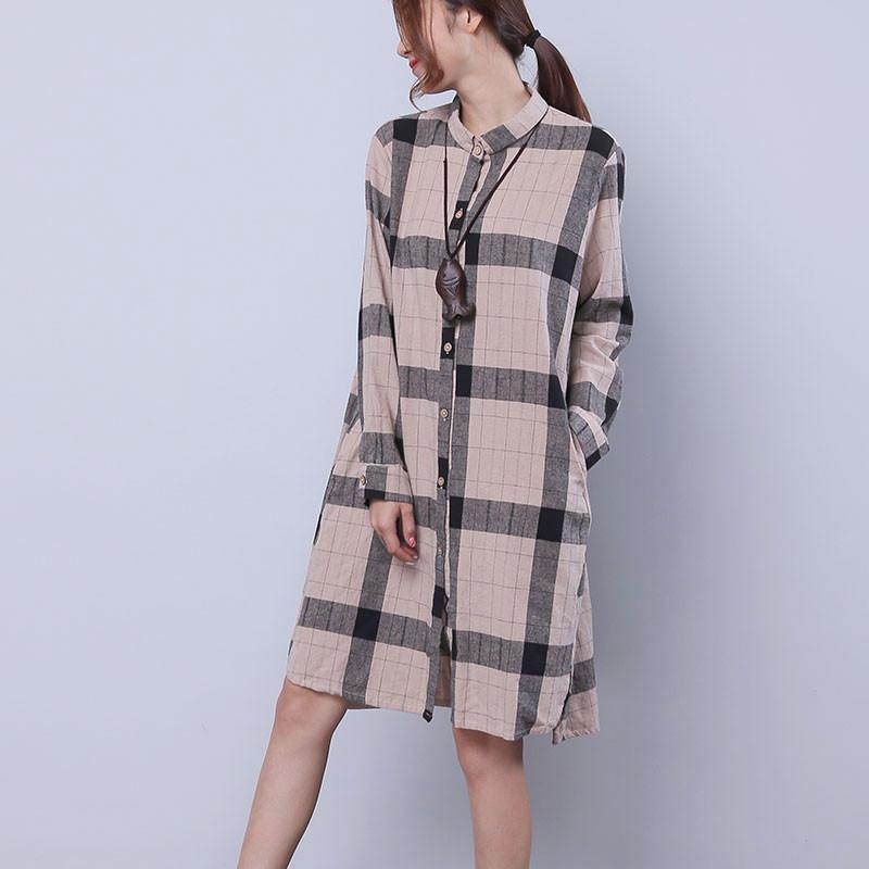 Women Chic Single Breasted Splitting Lattice Shirt Dress