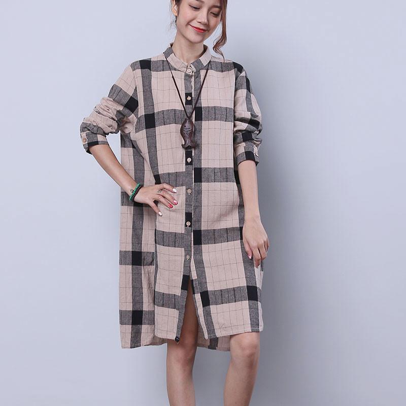 Women Chic Single Breasted Splitting Lattice Shirt Dress