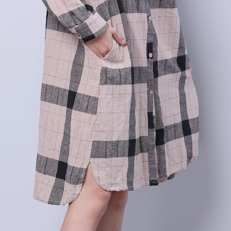 Women Chic Single Breasted Splitting Lattice Shirt Dress