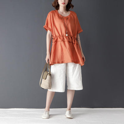 Loose Summer Short Sleeve Round Neck Orange Tops