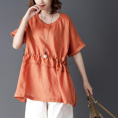 Loose Summer Short Sleeve Round Neck Orange Tops