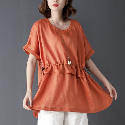 Loose Summer Short Sleeve Round Neck Orange Tops