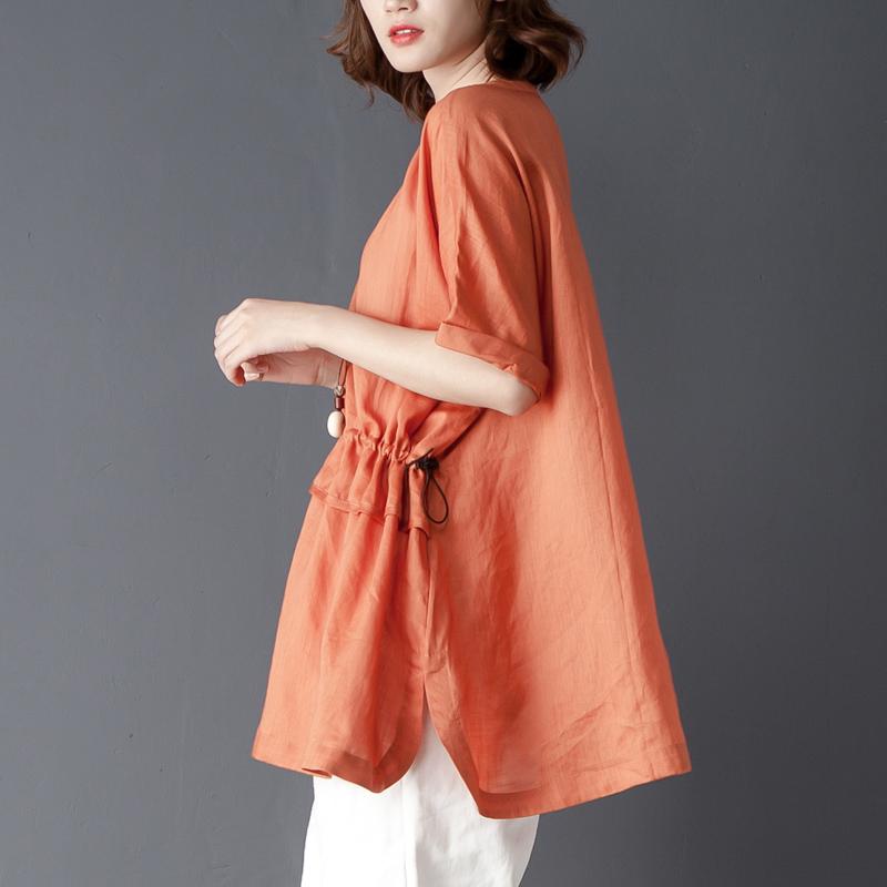 Loose Summer Short Sleeve Round Neck Orange Tops