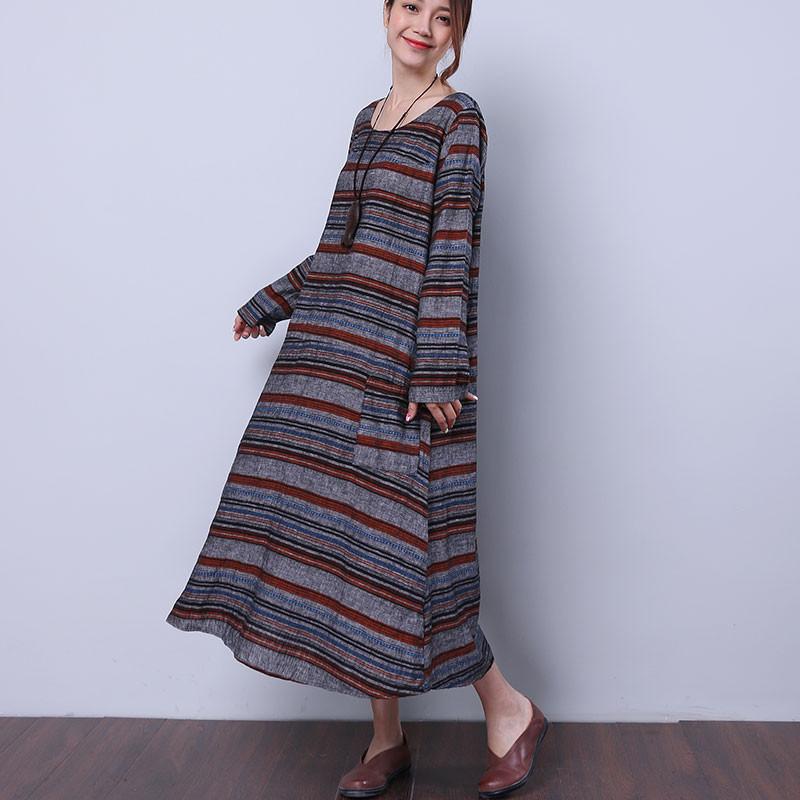 Loose Striped Pocket Women Gray Dress