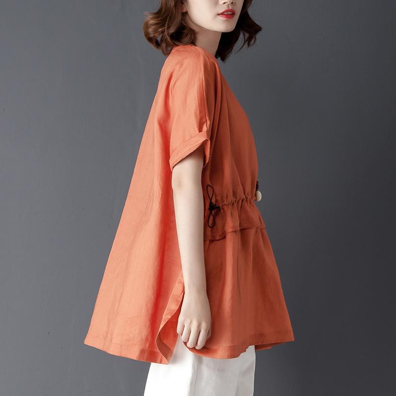 Loose Summer Short Sleeve Round Neck Orange Tops