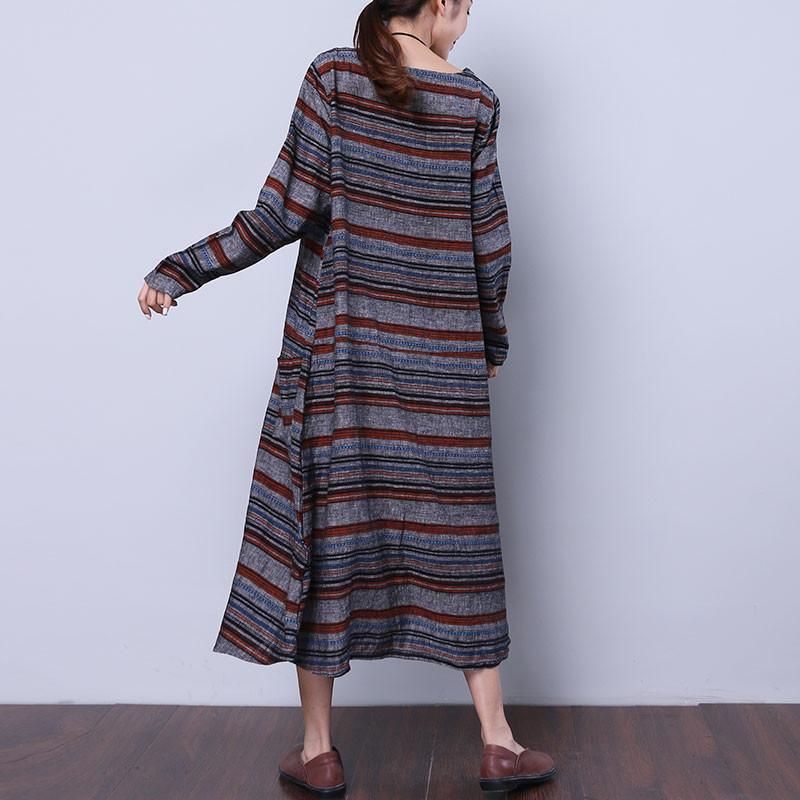 Loose Striped Pocket Women Gray Dress