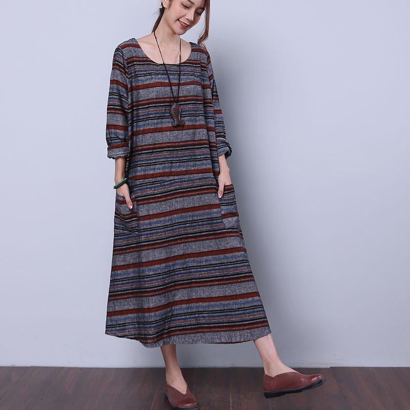 Loose Striped Pocket Women Gray Dress