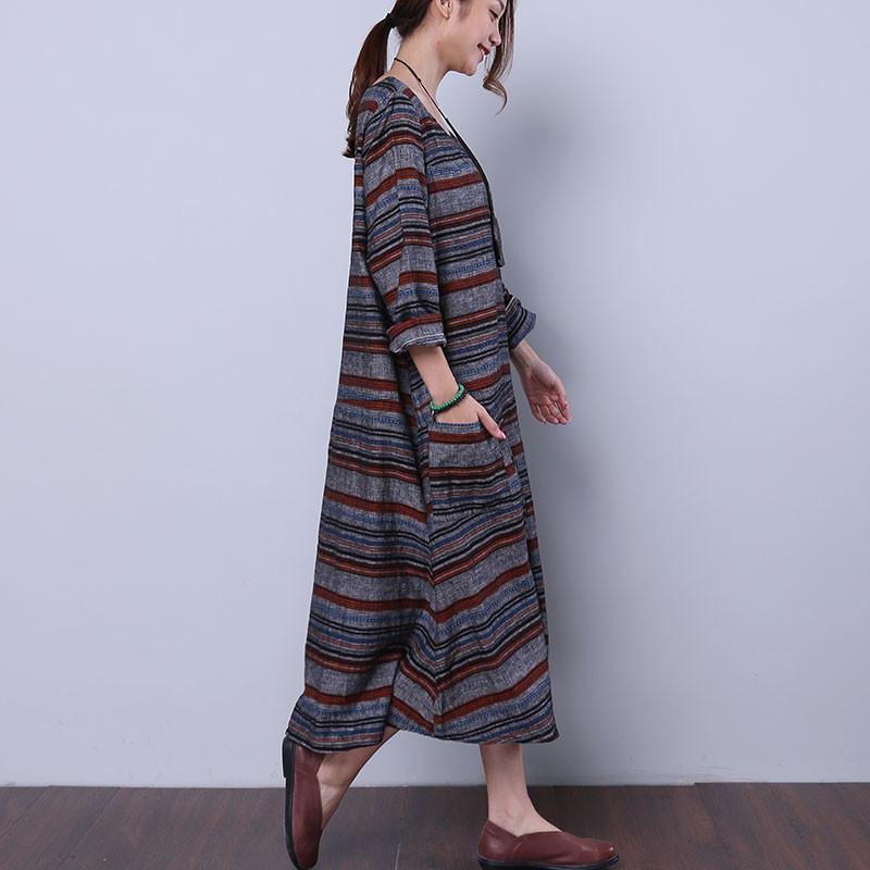 Loose Striped Pocket Women Gray Dress