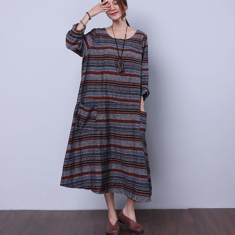 Loose Striped Pocket Women Gray Dress