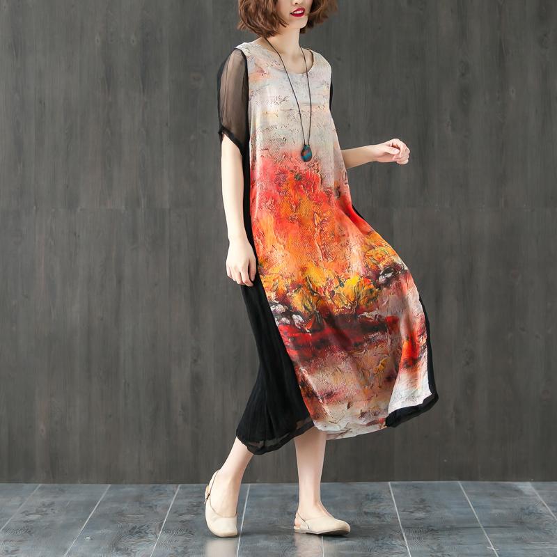 Round Neck Short Sleeve Printed Splicing Summer Dress