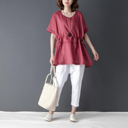 Loose Summer Short Sleeve Round Neck Red Tops