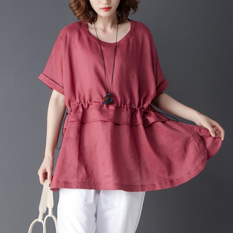 Loose Summer Short Sleeve Round Neck Red Tops