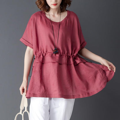 Loose Summer Short Sleeve Round Neck Red Tops