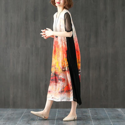 Round Neck Short Sleeve Printed Splicing Summer Dress