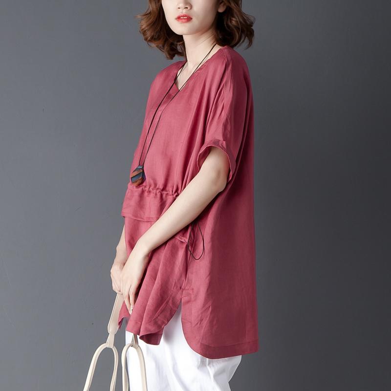 Loose Summer Short Sleeve Round Neck Red Tops