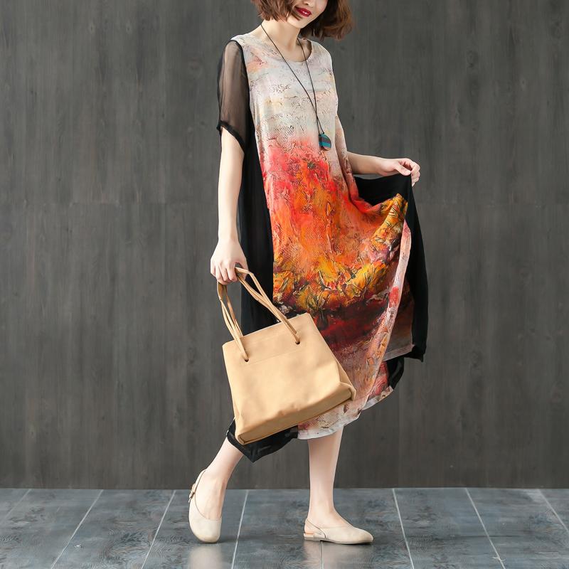 Round Neck Short Sleeve Printed Splicing Summer Dress