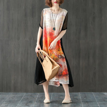 Round Neck Short Sleeve Printed Splicing Summer Dress