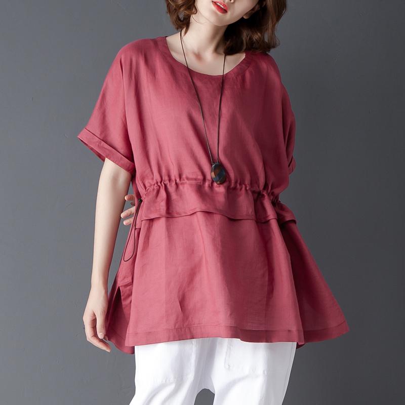 Loose Summer Short Sleeve Round Neck Red Tops