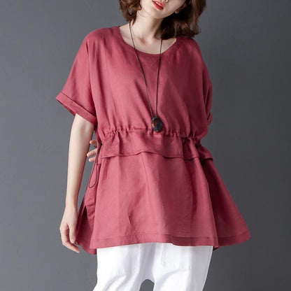 Loose Summer Short Sleeve Round Neck Red Tops