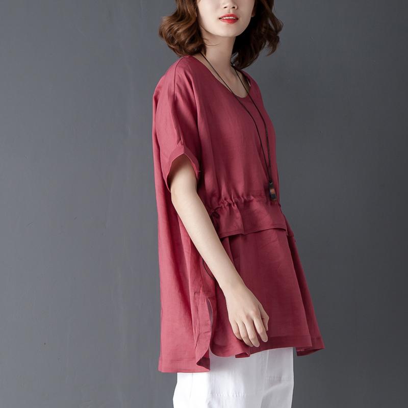 Loose Summer Short Sleeve Round Neck Red Tops