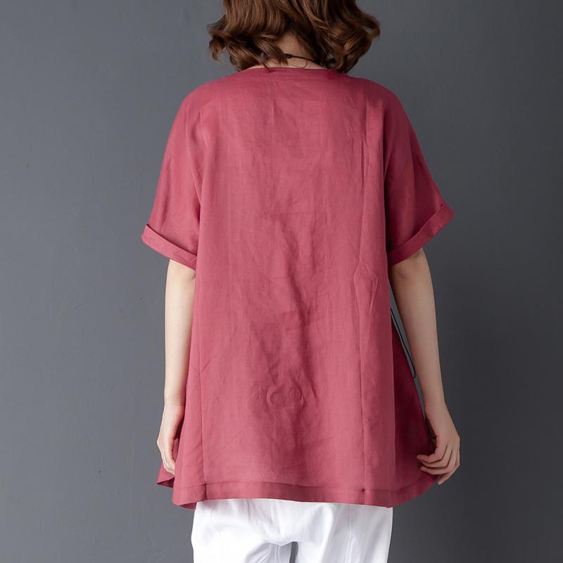 Loose Summer Short Sleeve Round Neck Red Tops