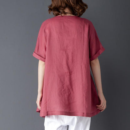 Loose Summer Short Sleeve Round Neck Red Tops