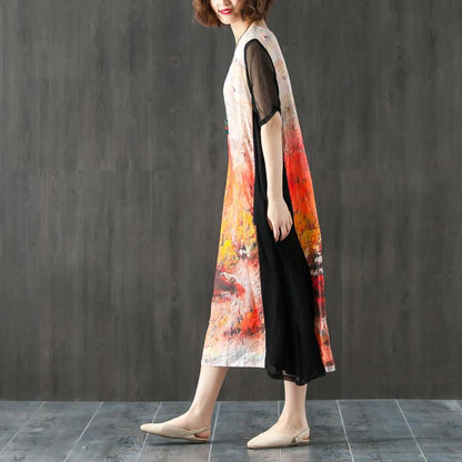 Round Neck Short Sleeve Printed Splicing Summer Dress