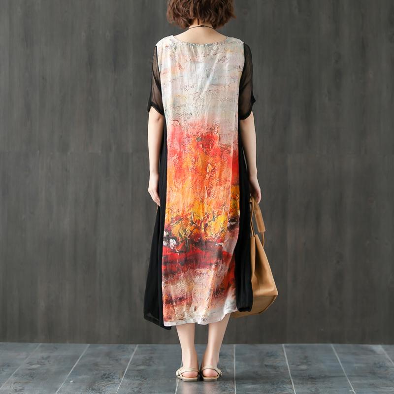 Round Neck Short Sleeve Printed Splicing Summer Dress