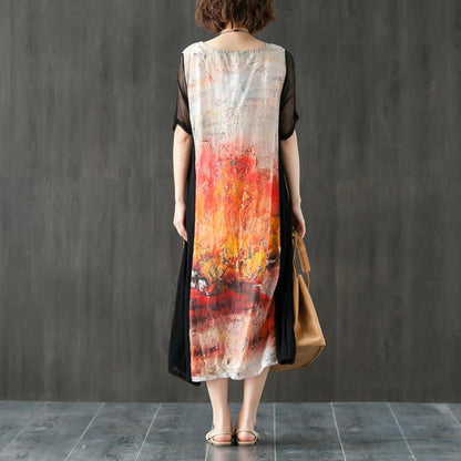 Round Neck Short Sleeve Printed Splicing Summer Dress