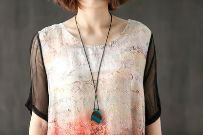 Round Neck Short Sleeve Printed Splicing Summer Dress