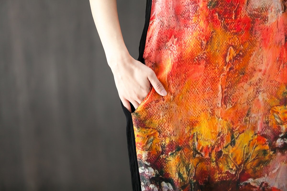 Round Neck Short Sleeve Printed Splicing Summer Dress