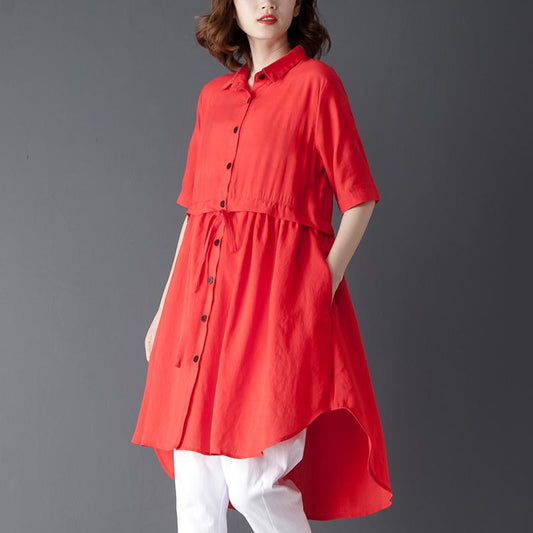 Polo Collar Short Sleeve Irregular Red Lacing Shirt
