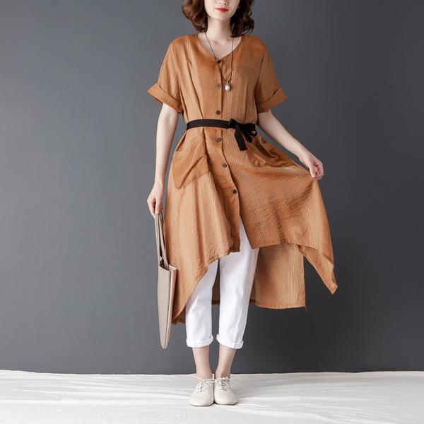 Irregular Women Short Sleeve Lacing Pink Shirt Dress