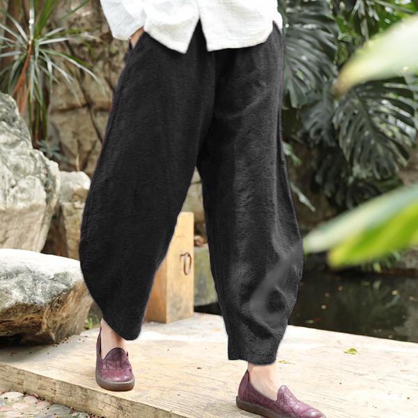 Vintage Fashion Women Chic Jacquard Linen Ankle Length Black Pants