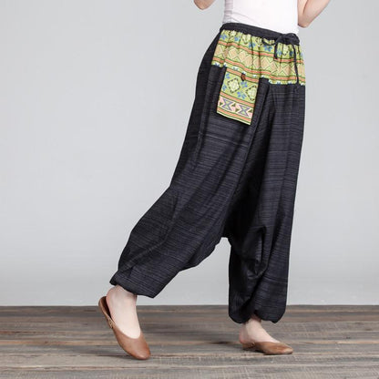 Retro Women Lacing Casual Linen Loose Black And Yellow Pants