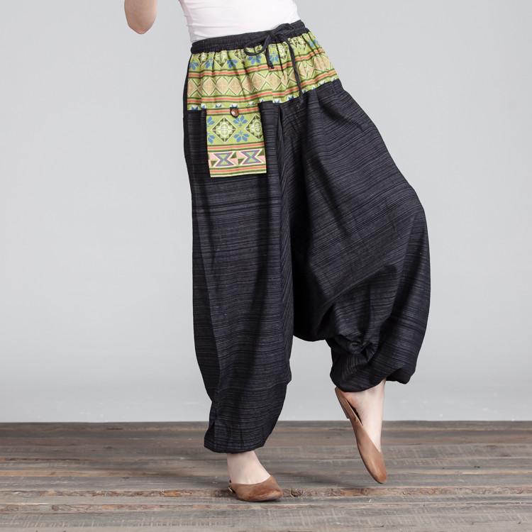 Retro Women Lacing Casual Linen Loose Black And Yellow Pants